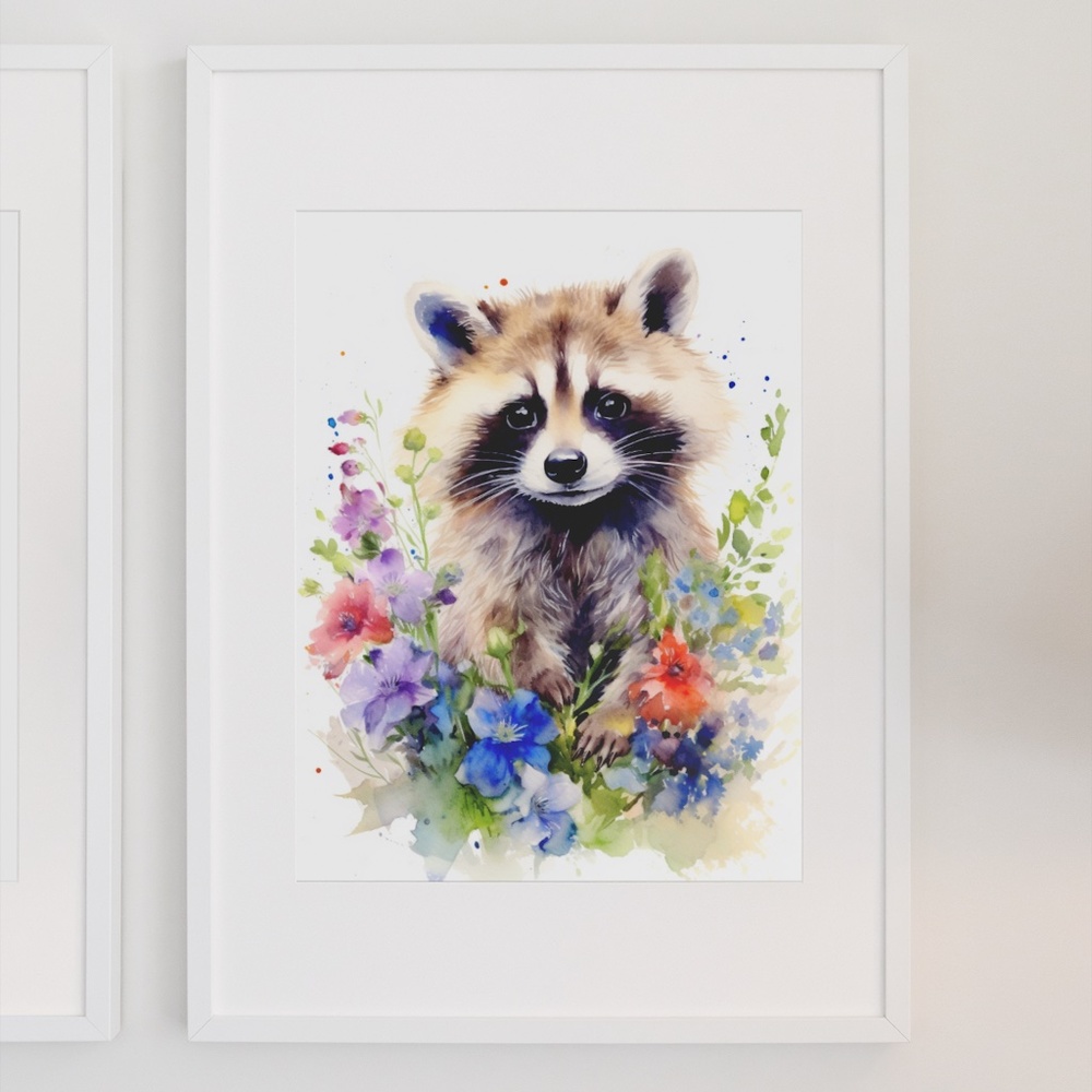 Watercolor Floral Raccoon Wall Art Illustration Print Poster Card Unframed - Picture 3 of 6